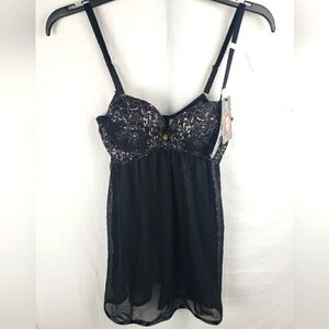 NWT Daisy Fuentes Elegant Black Lace Chemise W/thong Sz S